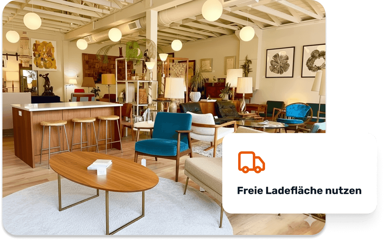 Ein stationärer Shop mit Möbeln und freier Ladefläche
