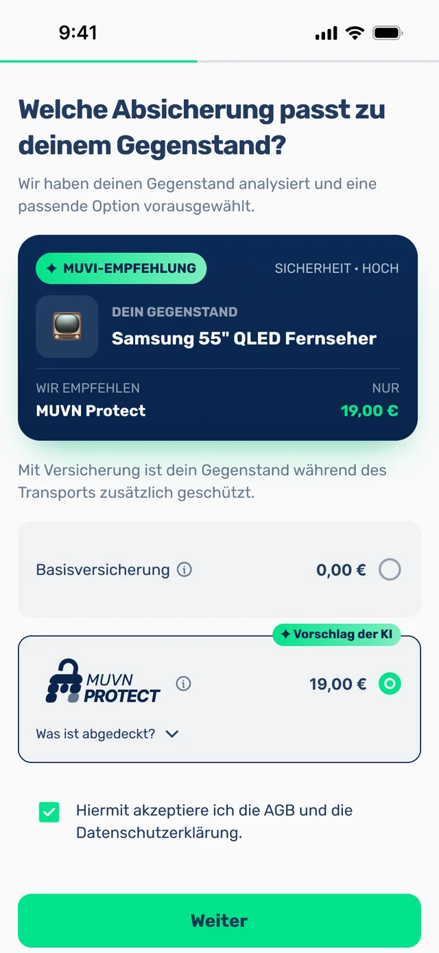 App-Screen: Auswahl zwischen Basisversicherung und MUVN Protect im Checkout